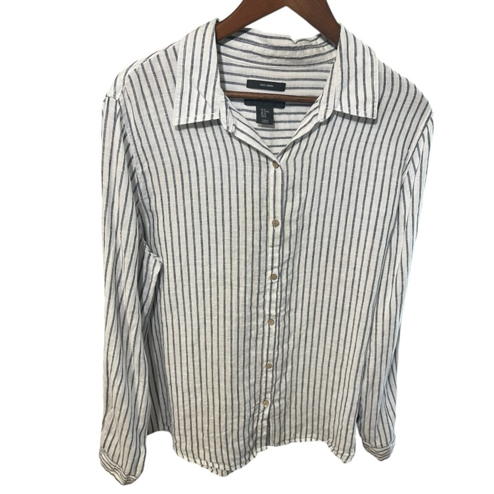Tahari 100% Linen Blue and White Striped Shirt Button Up Shirt Size  XL - Picture 2 of 16